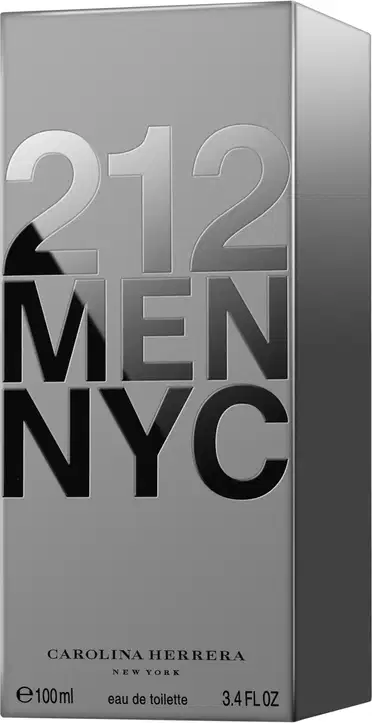 Frasco de perfume Carolina Herrera 212 Men NYC, com embalagem cinza e preto, exibindo o nome da marca e do produto em destaque. O frasco possui formato retangular com dimensões aproximadas de 100 ml.