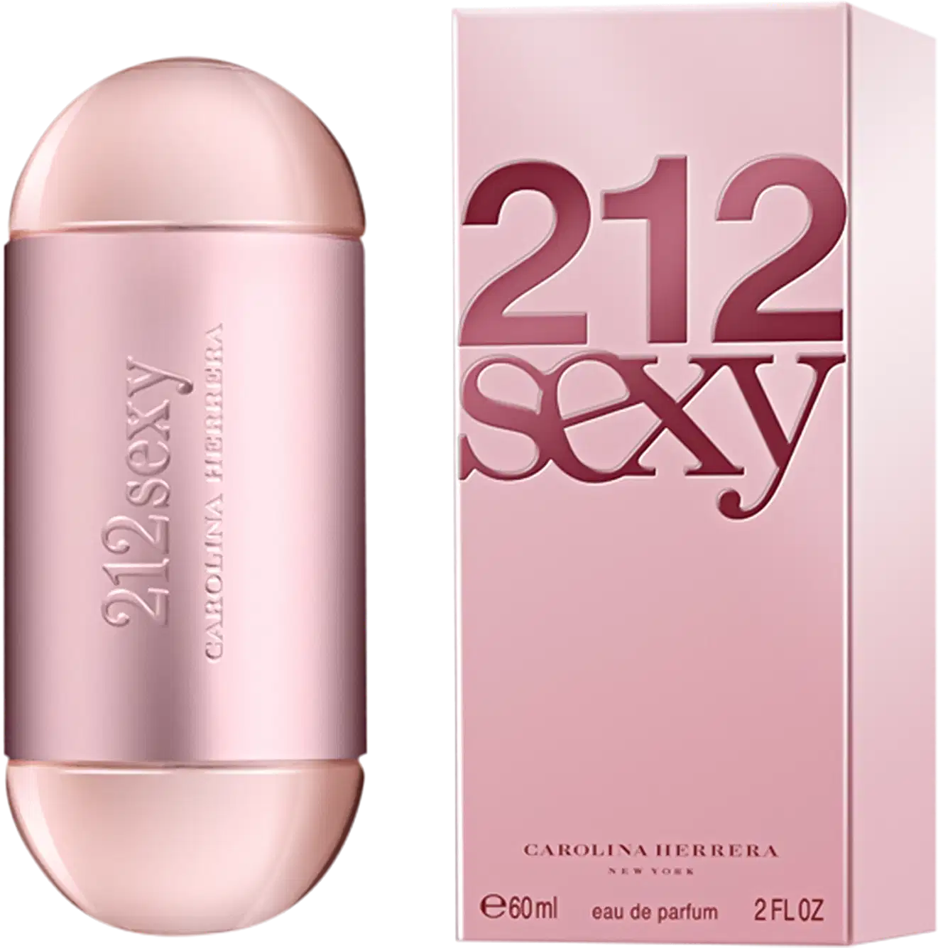 Frasco de perfume Carolina Herrera 212 Sexy, com formato cilíndrico e tampa arredondada, em tons de rosa claro. O rótulo exibe o nome da fragrância em letras prateadas.