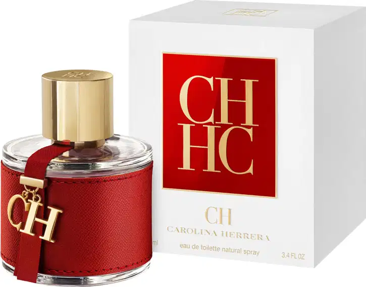 Frasco de perfume Carolina Herrera em embalagem vermelha com detalhes dourados, tampa dourada e logotipo da marca visível.