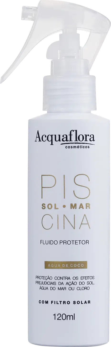 Frasco branco com gatilho de spray da marca Acquaflora, contendo o produto "Pis Sol Mar Cina" - um fluido protetor com filtro solar e água de coco, com 120ml de volume.