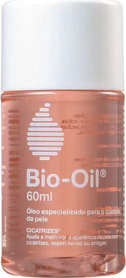 Frasco de óleo Bio-Oil de 60ml, com rótulo branco e laranja, contendo informações sobre o produto e sua função de ajudar a melhorar a aparência de cicatrizes na pele.