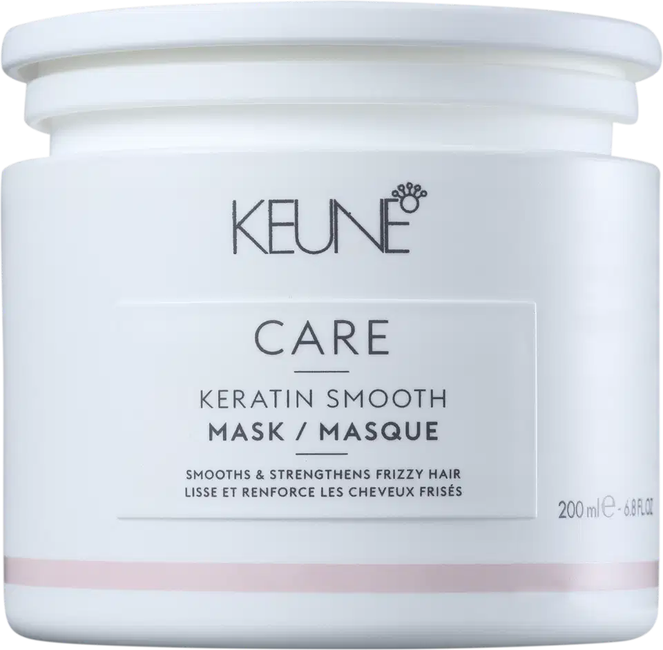 Embalagem branca com rótulo da marca Keune Care, contendo máscara de tratamento para cabelos alisados e fortalecidos, com textura suave e promessa de reduzir frizz.