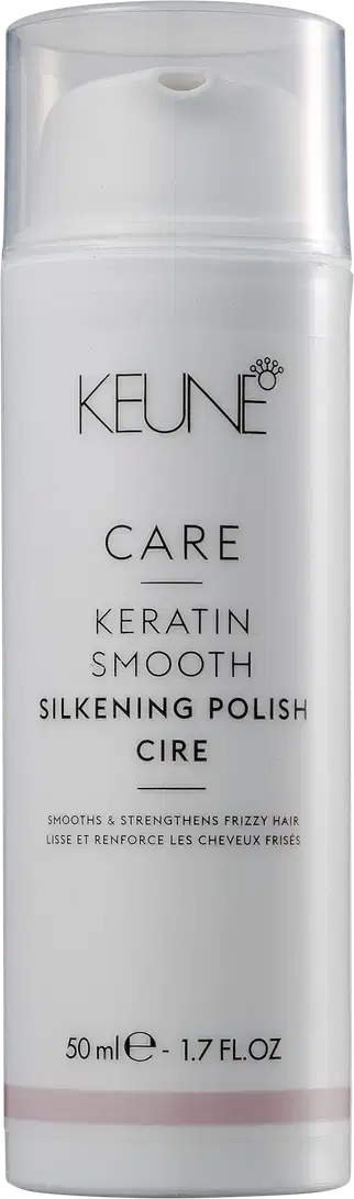 Frasco de 50 ml do produto Keune Care Keratin Smooth Silkening Polish Cire, um creme alisador e fortalecedor para cabelos crespos e rebeldes, com embalagem branca e texto em preto.