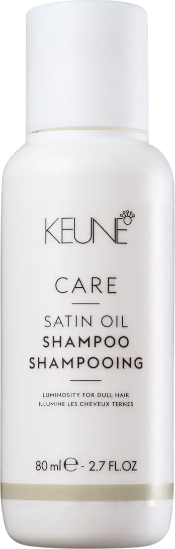 Frasco branco de 80 ml da linha Care da Keune, contendo o Shampoo de Óleo Satinado, com rótulo destacando a luminosidade para cabelos opacos.