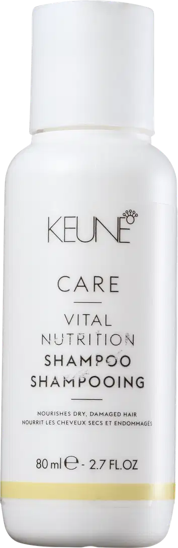 Frasco branco de 80 ml do Shampoo de Nutrição Vital da linha Keune Care, com rótulo em preto e amarelo destacando o nome da marca e do produto.