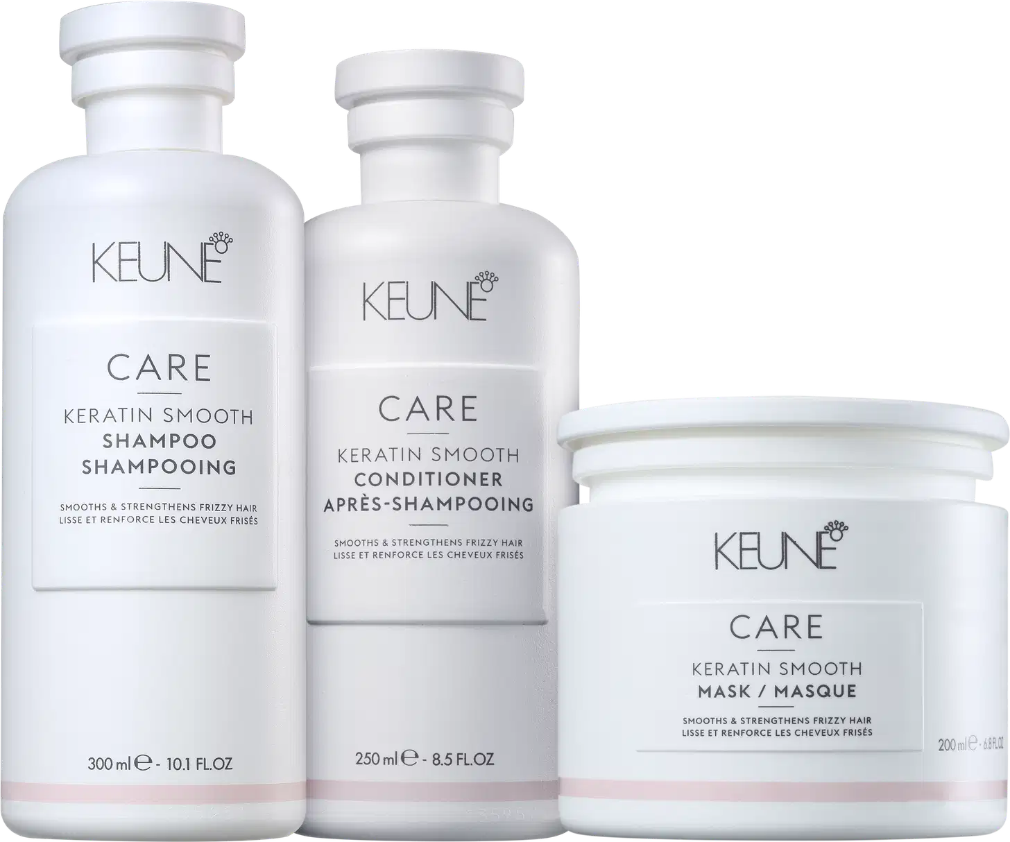 Três produtos de cuidados capilares da marca Keune Care, incluindo um shampoo, um condicionador e uma máscara, todos em embalagens brancas com detalhes em preto e cinza.