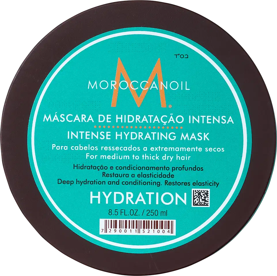 A imagem mostra a Máscara Capilar Moroccanoil Intense Hydration 250ml.  O produto vem em um pote redondo com tampa marrom e rótulo na cor turquesa, com detalhes em laranja e texto com letras em branco e preto.