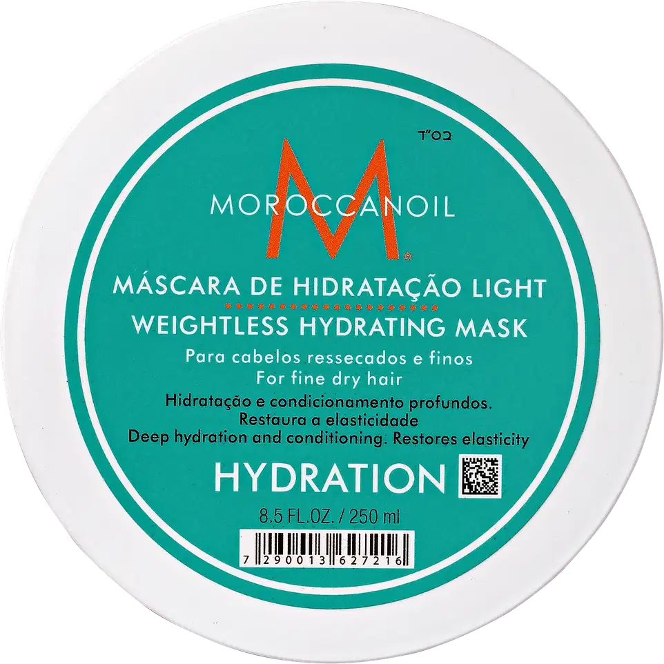 A imagem mostra a Máscara Capilar Moroccanoil Hydration Light 250ml. O produto vem em uma embalagem redonda branca e turquesa, com o logotipo da marca em laranja e as informações do produto escritas em português e inglês.