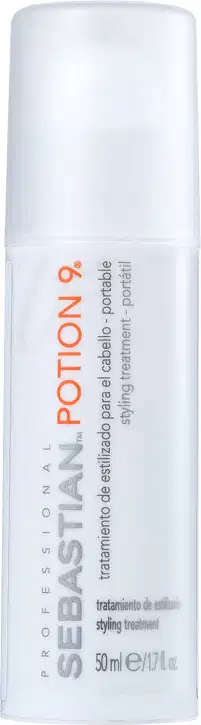 Embalagem em frasco cilíndrico de plástico branco opaco. Rótulo com o nome do produto "Sebastian Potion 9" em letras laranjadas e cinzas, texto descritivo em letras pretas. Volume de 50ml/1.7fl.oz indicado na embalagem.
