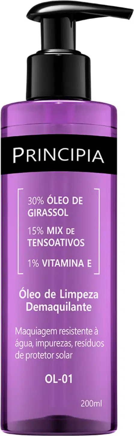 Frasco de óleo de limpeza demaquilante da marca Principia, com 200ml de capacidade. Embalagem de cor roxa com rótulo preto destacando os ingredientes: 30% óleo de girassol, 15% mix de tensoativos e 1% vitamina E.
