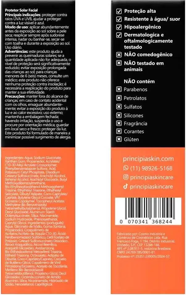 Verso da embalagem preta e laranja de protetor solar facial.