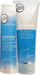 Dois frascos de marca Joico, um azul e outro branco, com rótulos indicando "Moisture Recovery" e "Moisture Deposit".