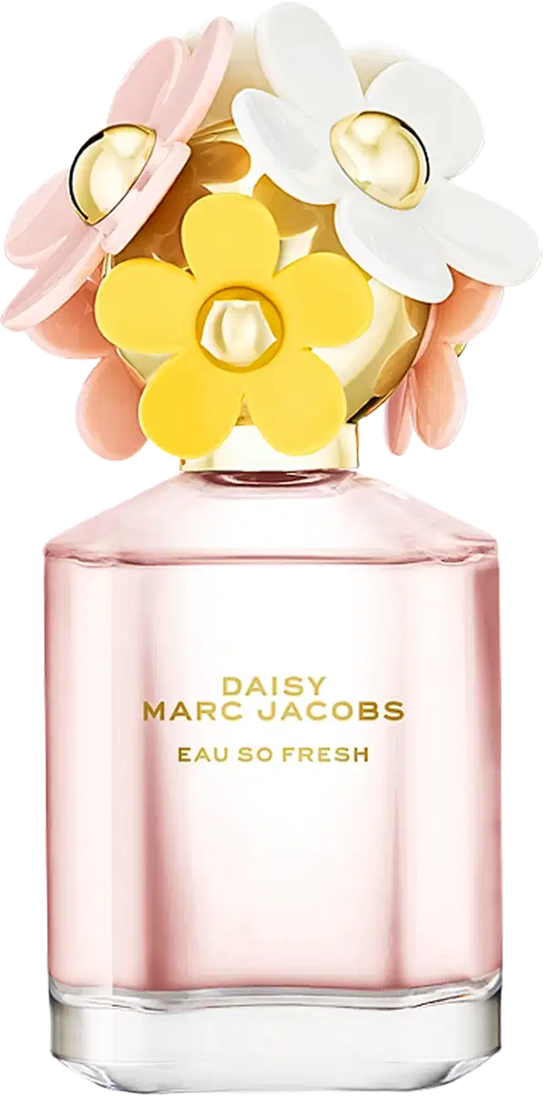 Frasco de perfume Daisy Marc Jacobs Eau So Fresh, com tampa decorada com flores coloridas em tons de rosa, amarelo e branco, em fundo branco.