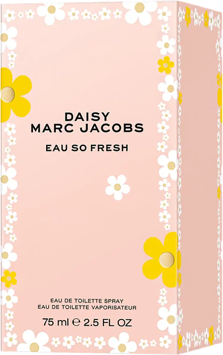 Frasco de perfume Daisy Marc Jacobs Eau So Fresh, com tampa decorada com flores coloridas em tons de rosa, amarelo e branco, em fundo branco.