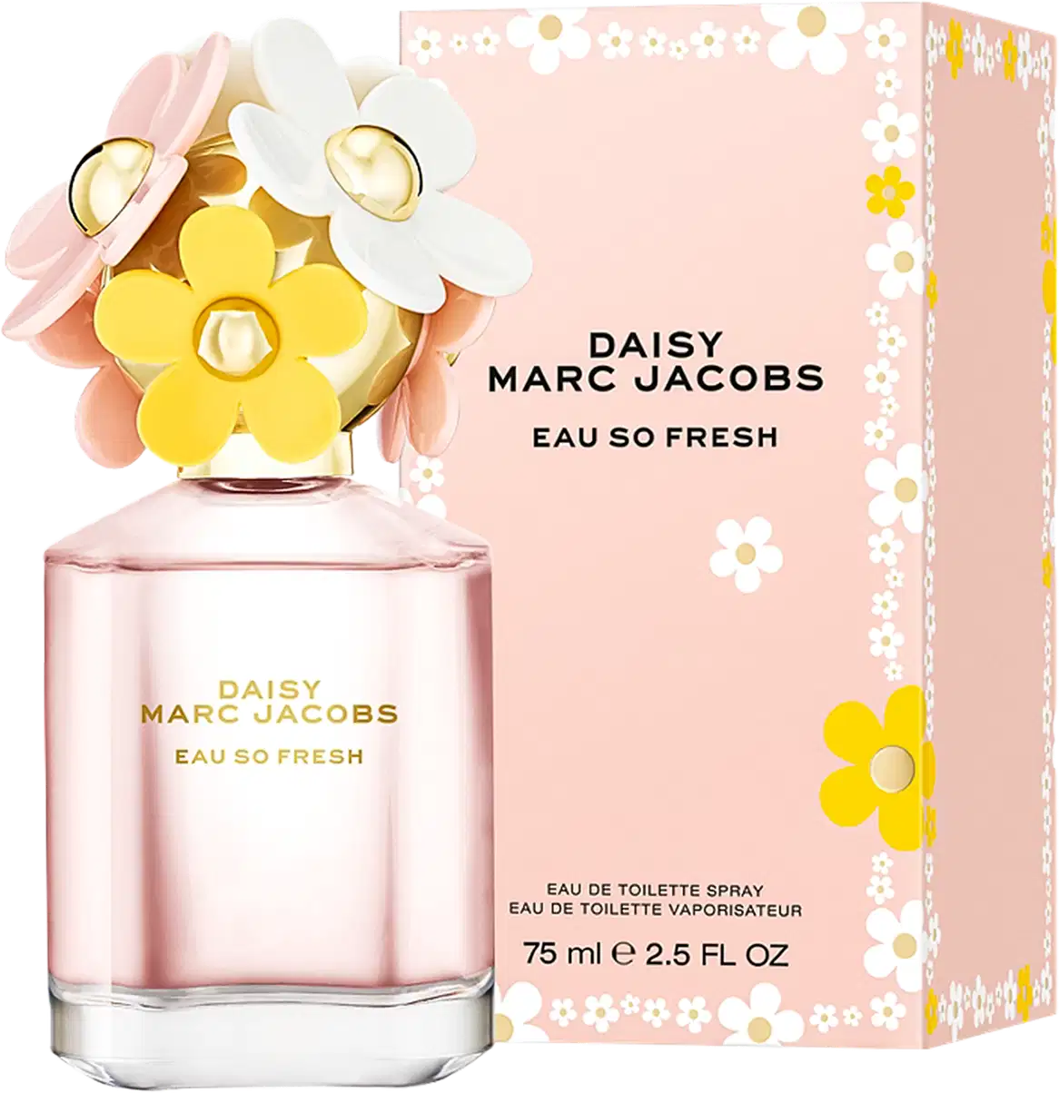 Frasco de perfume Daisy Marc Jacobs Eau So Fresh, com tampa decorada com flores coloridas em tons de rosa, amarelo e branco, em fundo branco.
