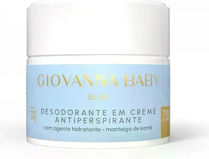 Desodorante em creme antitranspirante da linha Giovanna Baby, na cor azul, com agente hidratante e manteiga de karité em embalagem branca com rótulo dourado.