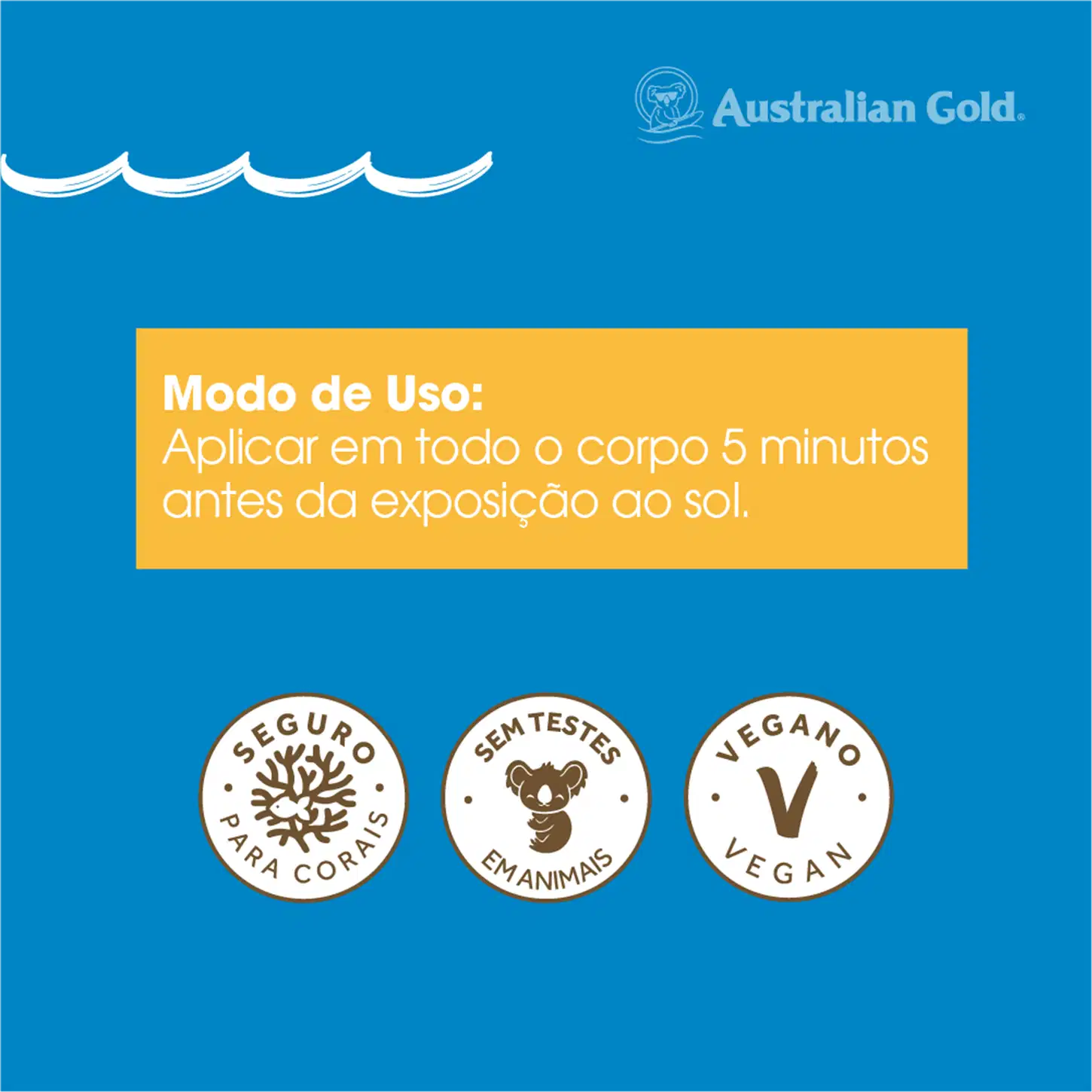 Texto em amarelo instruindo aplicar em todo o corpo 5 minutos antes da exposição ao sol. Na parte inferior, três selos circulares indicando que o produto é seguro para corpos, não testado em animais e vegano.