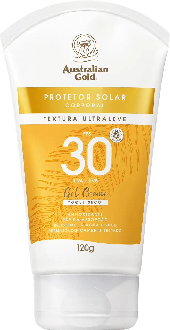 Protetor solar corporal em embalagem de tubo plástico branco com detalhes em amarelo. Gel creme com fator de proteção solar 30, textura ultraleve, resistente à água e suor. Fórmula antioxidante e de rápida absorção.