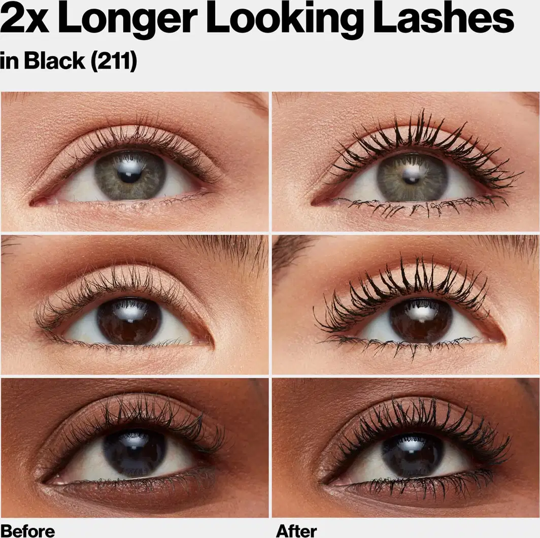 Máscara de cílios alongadora da marca Revlon, na cor preta (211). A imagem mostra seis fotos de olhos femininos, com três olhos à esquerda representando o "antes" e três olhos à direita representando o "depois" da aplicação do produto.