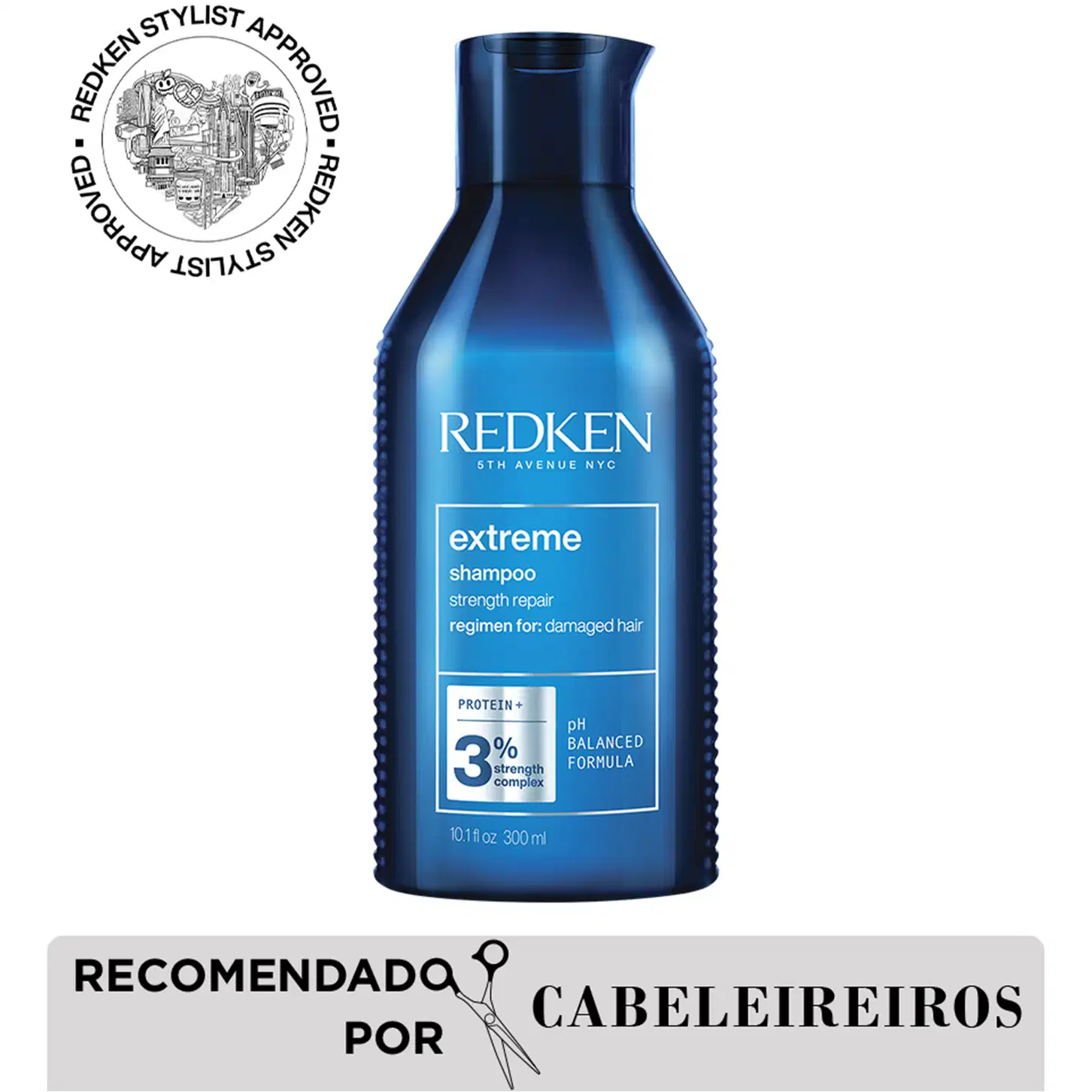 Frasco de shampoo Redken Extreme, com design azul degradê, rótulo com informações sobre o produto e selo de aprovação de cabeleireiros. Produto destinado a cabelos danificados, com fórmula de 3% de complexo de proteínas.