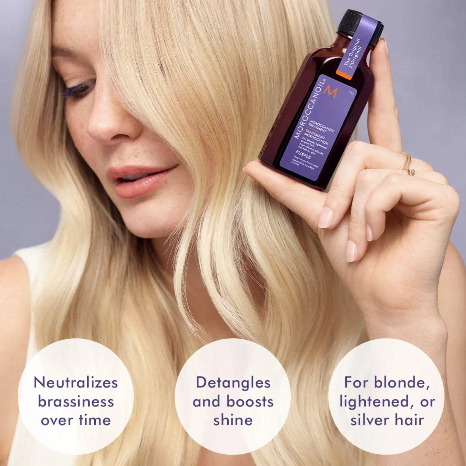 Neutralizes brassiness over time. Detangles and boosts shine. For blonde, lightened, or silver hair.