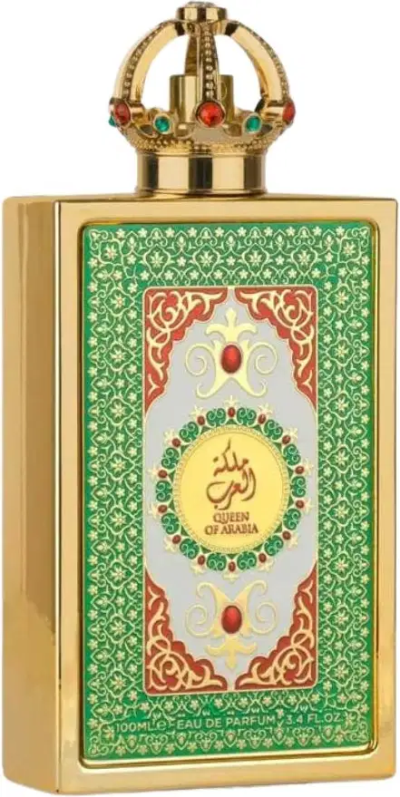 Frasco de perfume dourado com tampa em forma de coroa, decorado com padrões florais verdes e detalhes em vermelho. O rótulo apresenta o nome "Queen of Arabia" em árabe e inglês.