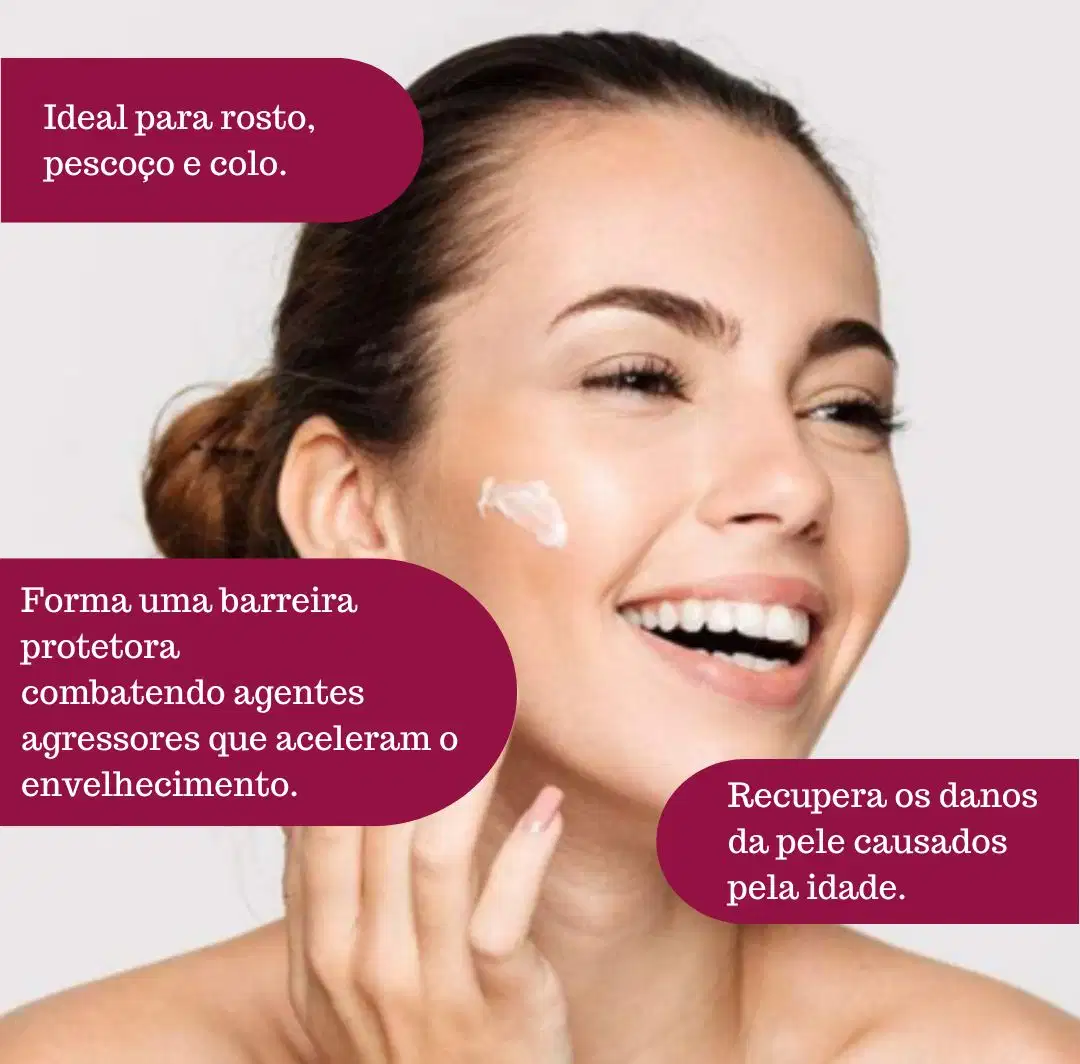 Ideal para rosto, pescoço e colo. Forma uma barreira protetora combatendo agentes agressores que aceleram o envelhecimento. Recupera os danos da pele causados pela idade.
