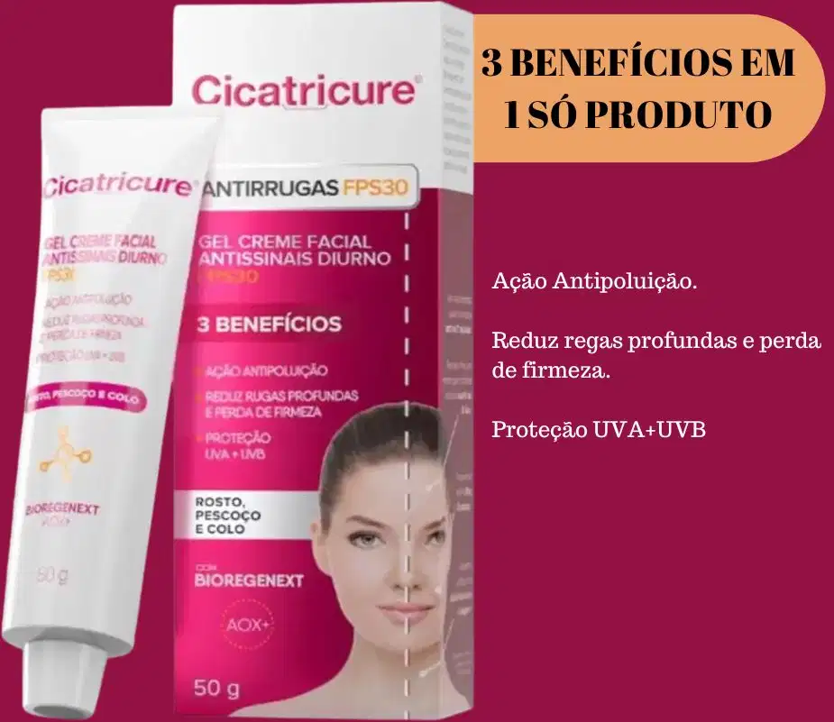 3 benefícios em 1 só produto: ação antipoluição, reduz rugas profundas e perda de firmeza, proteção UVA+UVB.