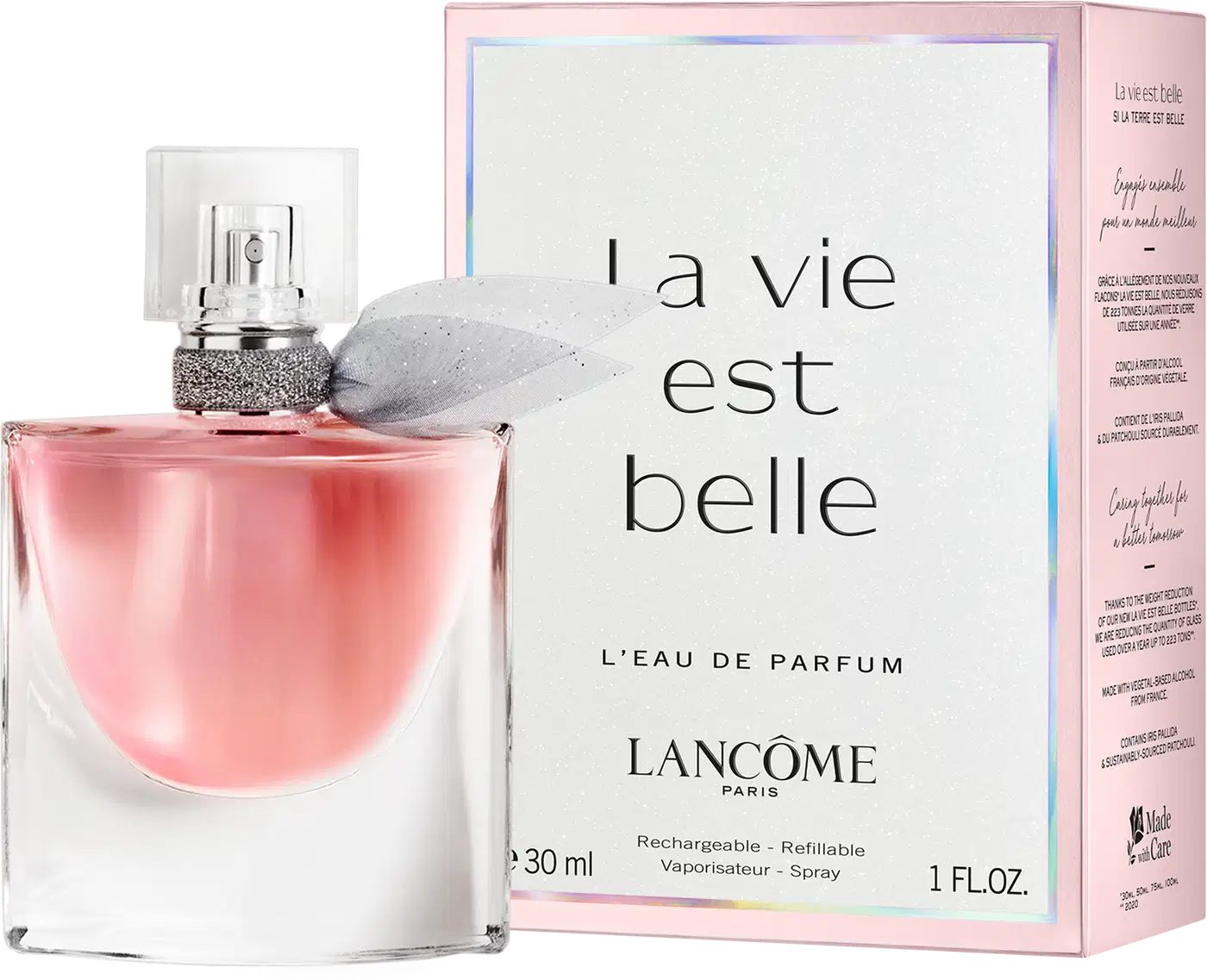 Frasco de perfume Lancôme com tampa prateada e rótulo rosa, contendo líquido rosa claro. Embalagem de vidro transparente com design elegante e sofisticado.