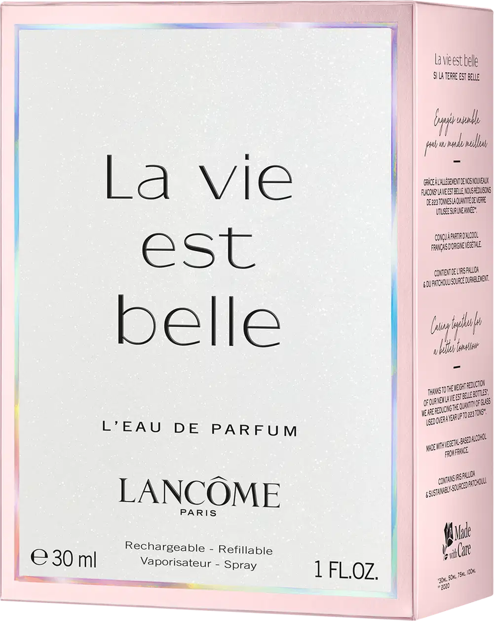 Frasco de perfume Lancôme com tampa prateada e rótulo rosa, contendo líquido rosa claro. Embalagem de vidro transparente com design elegante e sofisticado.
