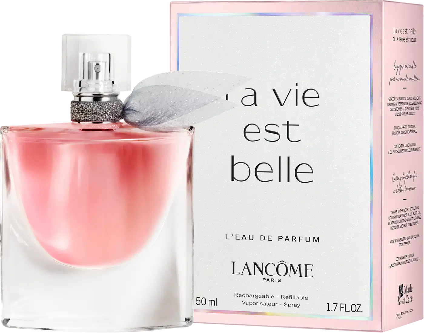 Frasco de perfume Lancôme La Vie Est Belle com tampa decorada, contendo líquido rosa brilhante. Embalagem de vidro transparente com detalhes prateados. Produto com aparência elegante e sofisticada.