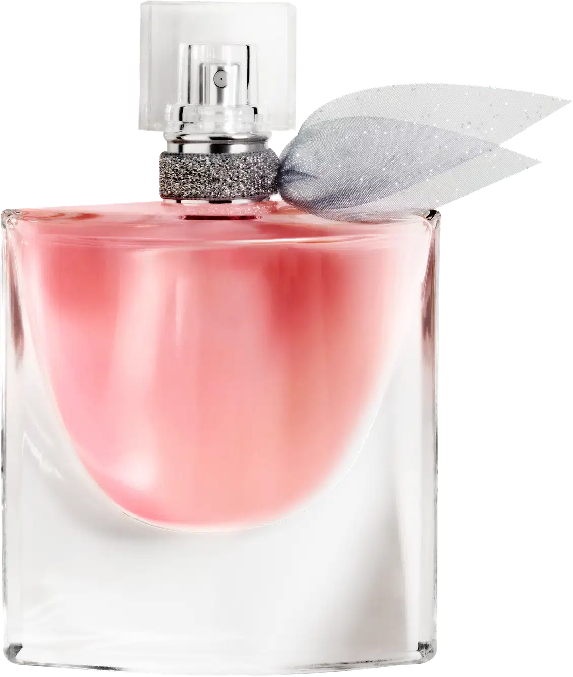 Frasco de perfume Lancôme La Vie Est Belle com tampa decorada, contendo líquido rosa brilhante. Embalagem de vidro transparente com detalhes prateados. Produto com aparência elegante e sofisticada.