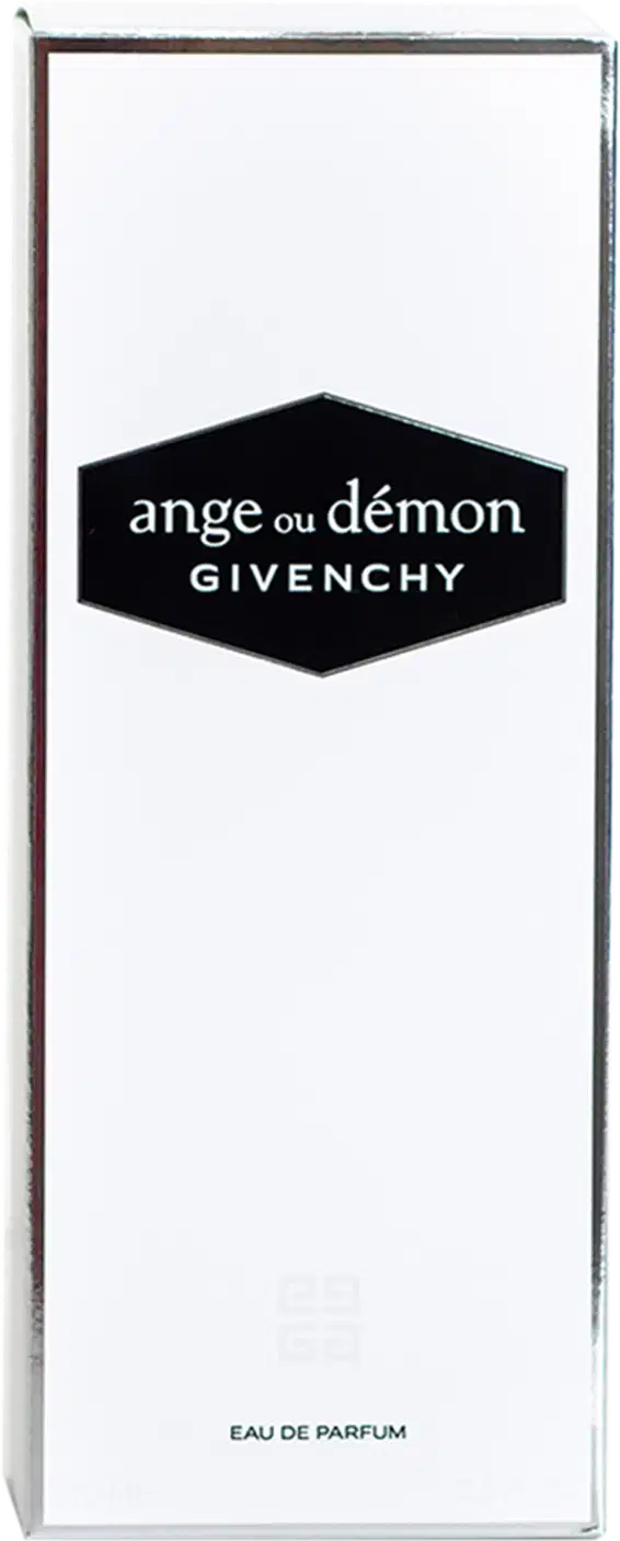 A caixa apresenta um hexágono preto com o nome do perfume "ange ou démon" em letras brancas, além do logotipo Givenchy abaixo. Na parte inferior, está escrito "EAU DE PARFUM" em letras minúsculas pretas.