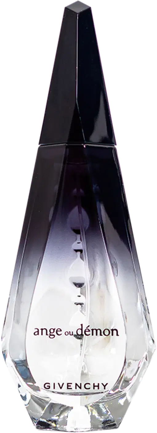 Perfume em frasco de vidro transparente com formato piramidal alongado. A parte superior é escura, em tom roxo profundo. O frasco tem um rótulo branco na base com o texto "ange ou démon" e o logotipo "GIVENCHY" abaixo.