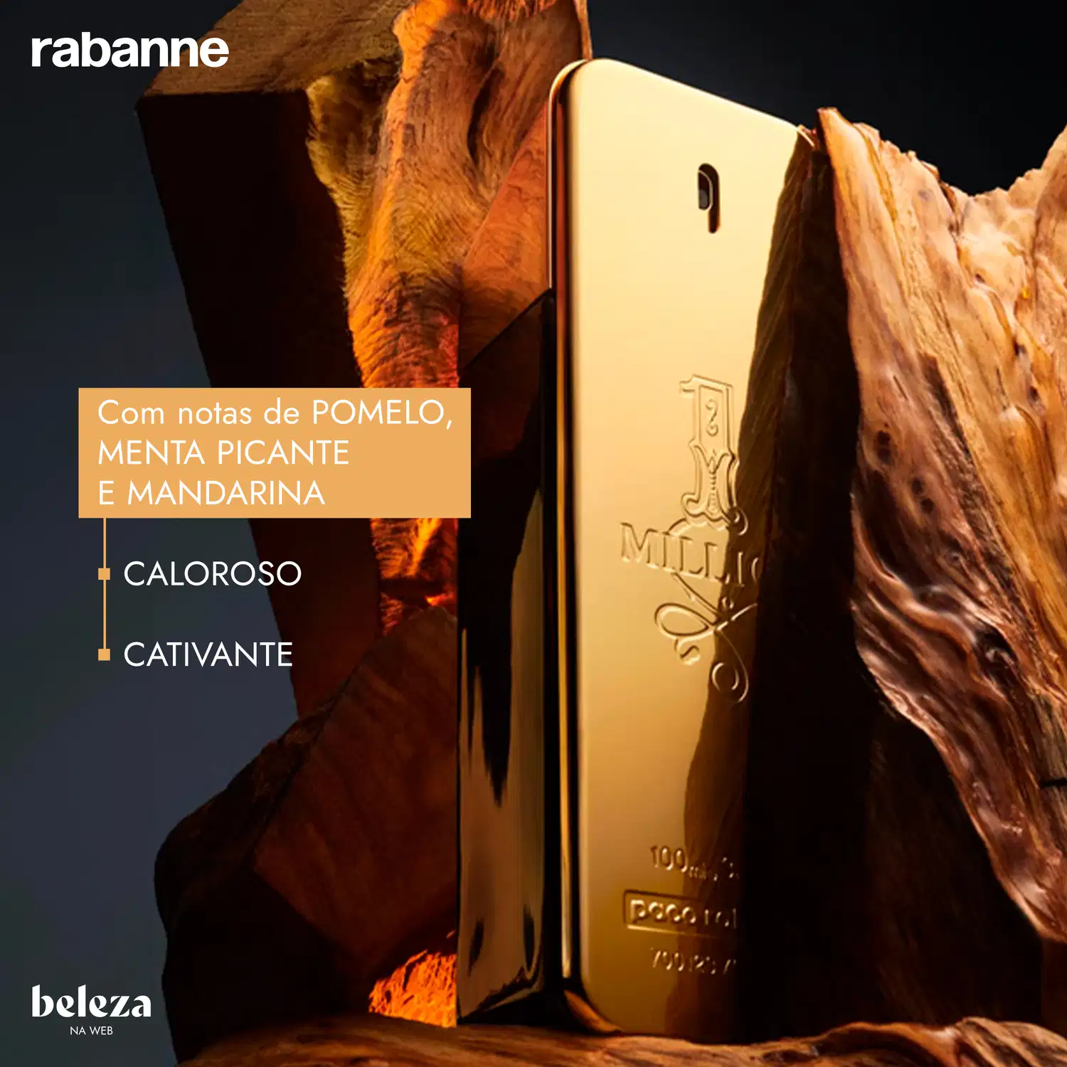 Frasco de perfume dourado da marca Rabanne, com o nome "1 Million" gravado em relevo. O design é elegante e minimalista, com o logotipo da marca destacado.