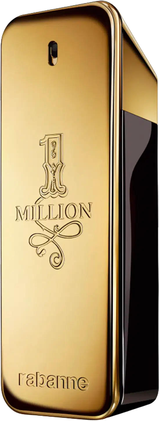 Frasco de perfume dourado da marca Rabanne, com o nome "1 Million" gravado em relevo. O design é elegante e minimalista, com o logotipo da marca destacado.