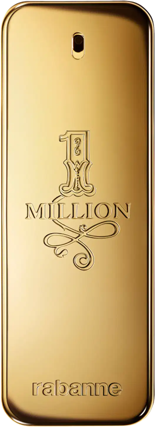 Frasco de perfume dourado da marca Rabanne, com o nome "1 Million" gravado em relevo. O design é elegante e minimalista, com o logotipo da marca destacado.