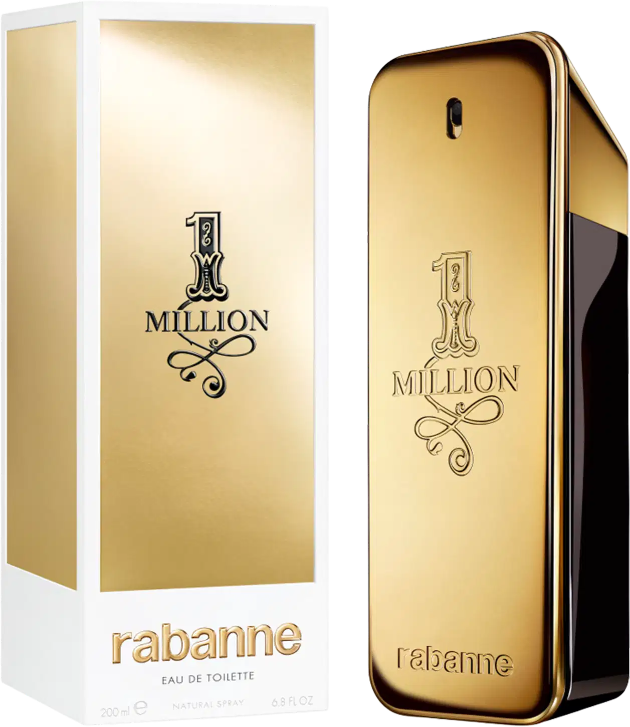 Frasco de perfume dourado da marca Rabanne, com o nome "1 Million" gravado em relevo. O design é elegante e minimalista, com o logotipo da marca destacado.