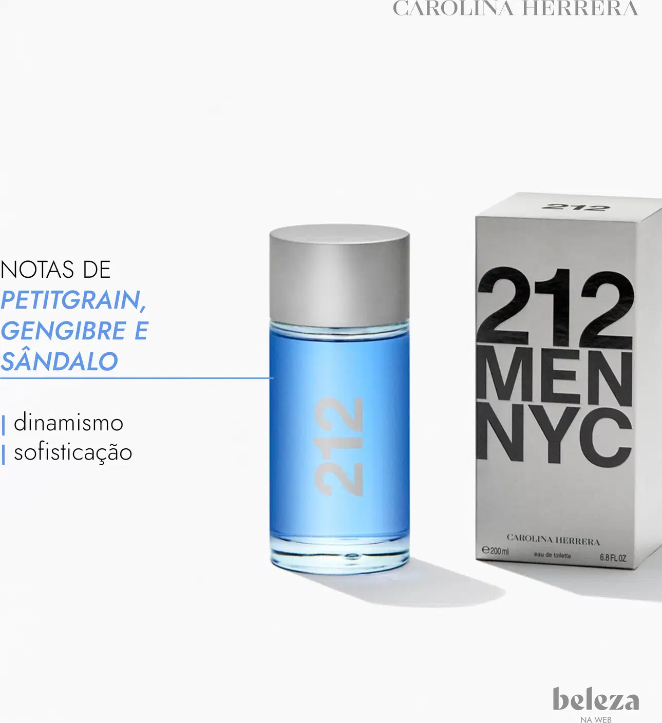 Embalagem de item de perfumaria da marca Carolina Herrera, com frasco azul e texto "212 MEN NYC" em caixa cinza.