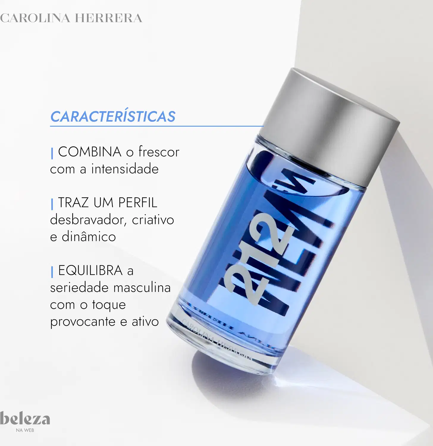 Frasco de item de perfumaria da marca Carolina Herrera com design moderno e dinâmico, em tom azul vibrante.