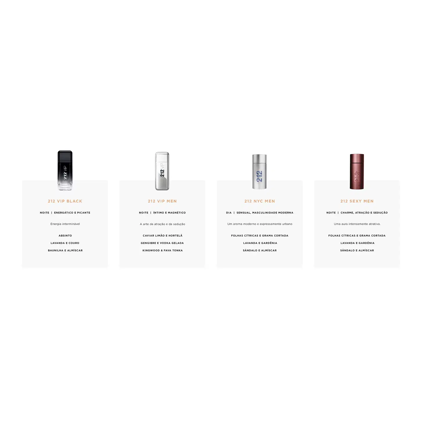 Quatro frascos de perfume da marca Carolina Herrera, com diferentes cores e rótulos indicando os nomes dos produtos: 212 VIP Black, 212 VIP Men, 212 NYC Men e 212 Sexy Men.