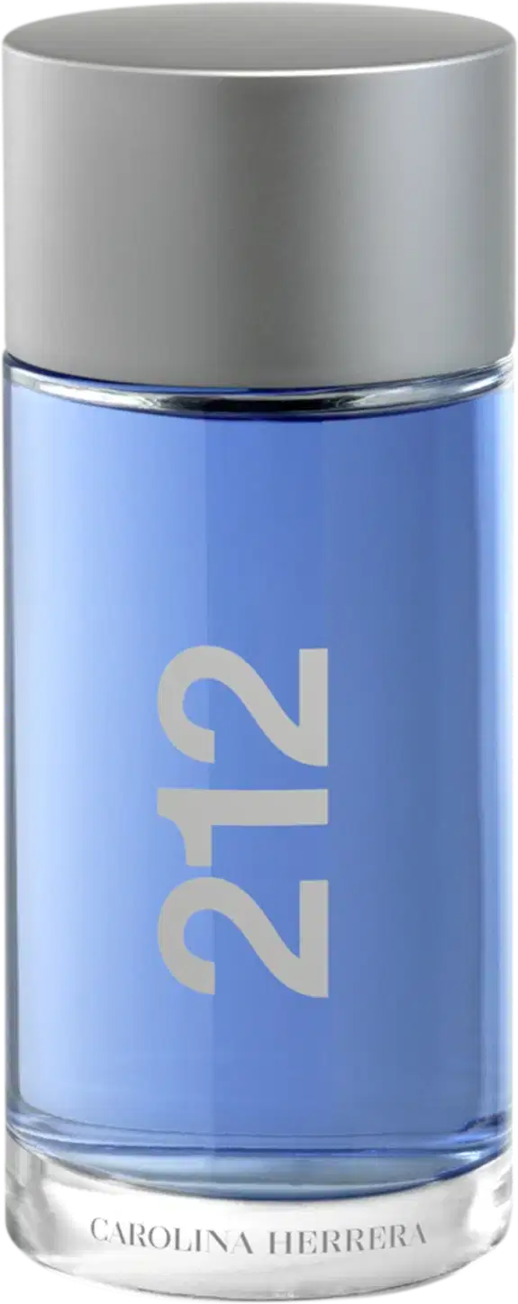 Frasco de perfume Carolina Herrera 212, com embalagem de cor azul clara e detalhes em prata, exibindo o número "212" em destaque.