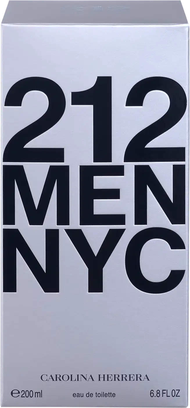 Caixa branca com texto preto "212 MEN NYC" da marca Carolina Herrera, contendo um frasco de perfume masculino de 200 ml.
