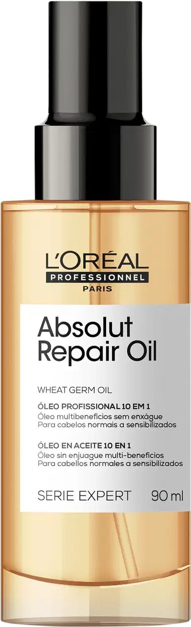 Frasco de óleo reparador Absolut Repair da L'Oréal Professionnel, com 90 ml de produto. Embalagem preta e dourada, com destaque para o nome do produto e informações sobre os benefícios do óleo de gérmen de trigo.