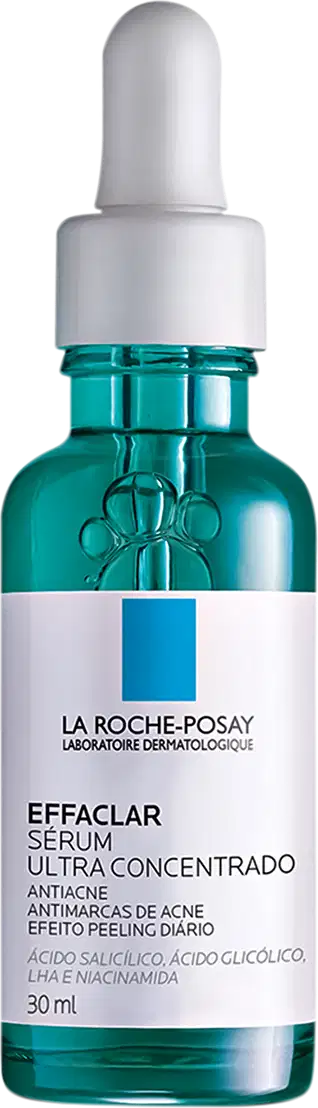 Frasco de vidro verde com conta-gotas branco contendo o sérum Effaclar Ultra Concentrado da marca La Roche-Posay, um produto antiacne com ácido salicílico e ácido glicólico.