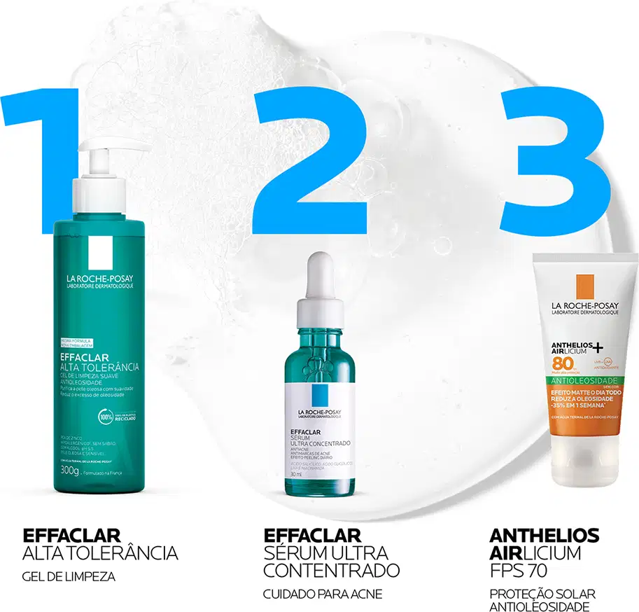 Frasco de vidro verde com conta-gotas branco contendo o sérum Effaclar Ultra Concentrado da marca La Roche-Posay, um produto antiacne com ácido salicílico e ácido glicólico.