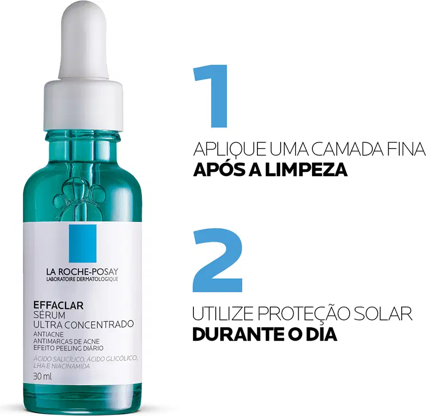 Frasco de vidro verde com conta-gotas branco contendo o sérum Effaclar Ultra Concentrado da marca La Roche-Posay, um produto antiacne com ácido salicílico e ácido glicólico.