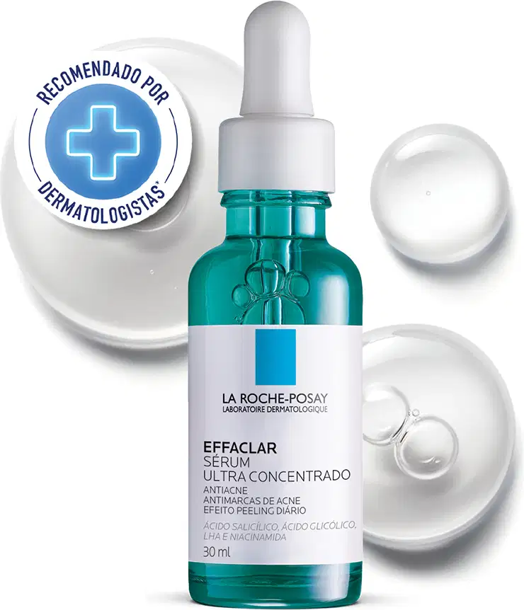 Frasco de vidro verde com conta-gotas branco contendo o sérum Effaclar Ultra Concentrado da marca La Roche-Posay, um produto antiacne com ácido salicílico e ácido glicólico.