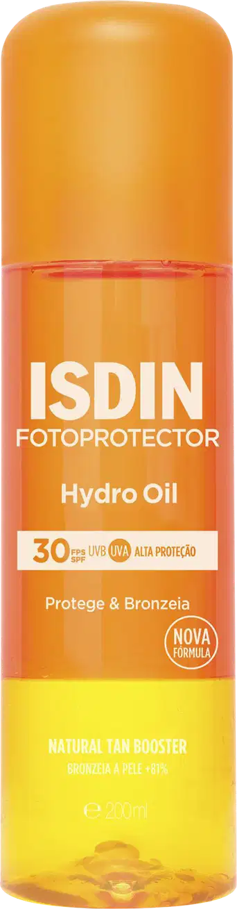 Frasco de óleo hidratante fotoprotetor ISDIN com FPS 30, em embalagem laranja e amarela, com rótulo destacando "Hydro Oil" e "Protege & Bronzeia".