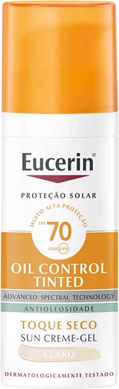 Frasco de protetor solar Eucerin Oil Control Tinted com FPS 70, embalagem laranja e branca, rótulo com informações sobre o produto e sua tecnologia avançada.